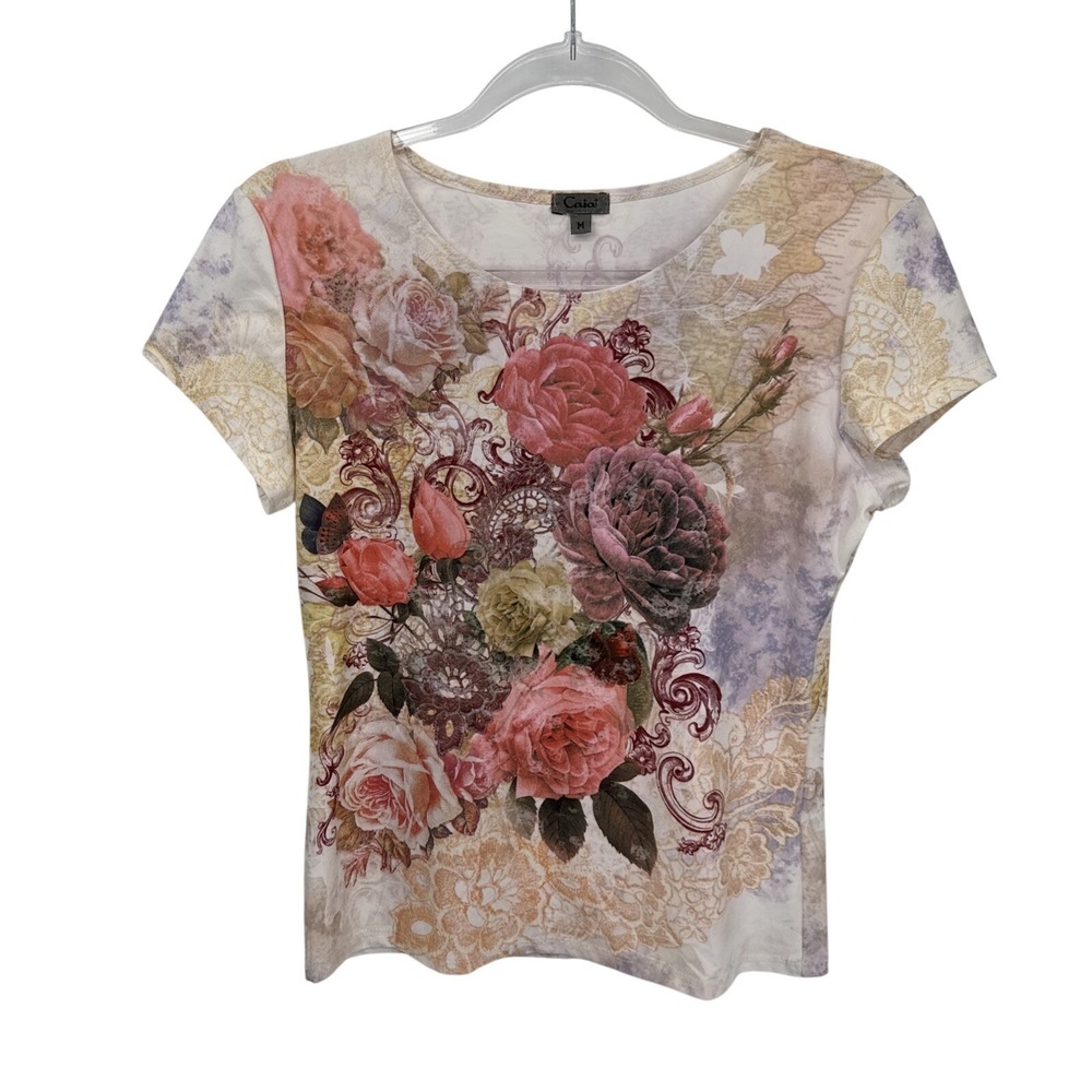 Vintage Y2K Caia Shirt Medium White Polyester Victorian Romantic Floral
